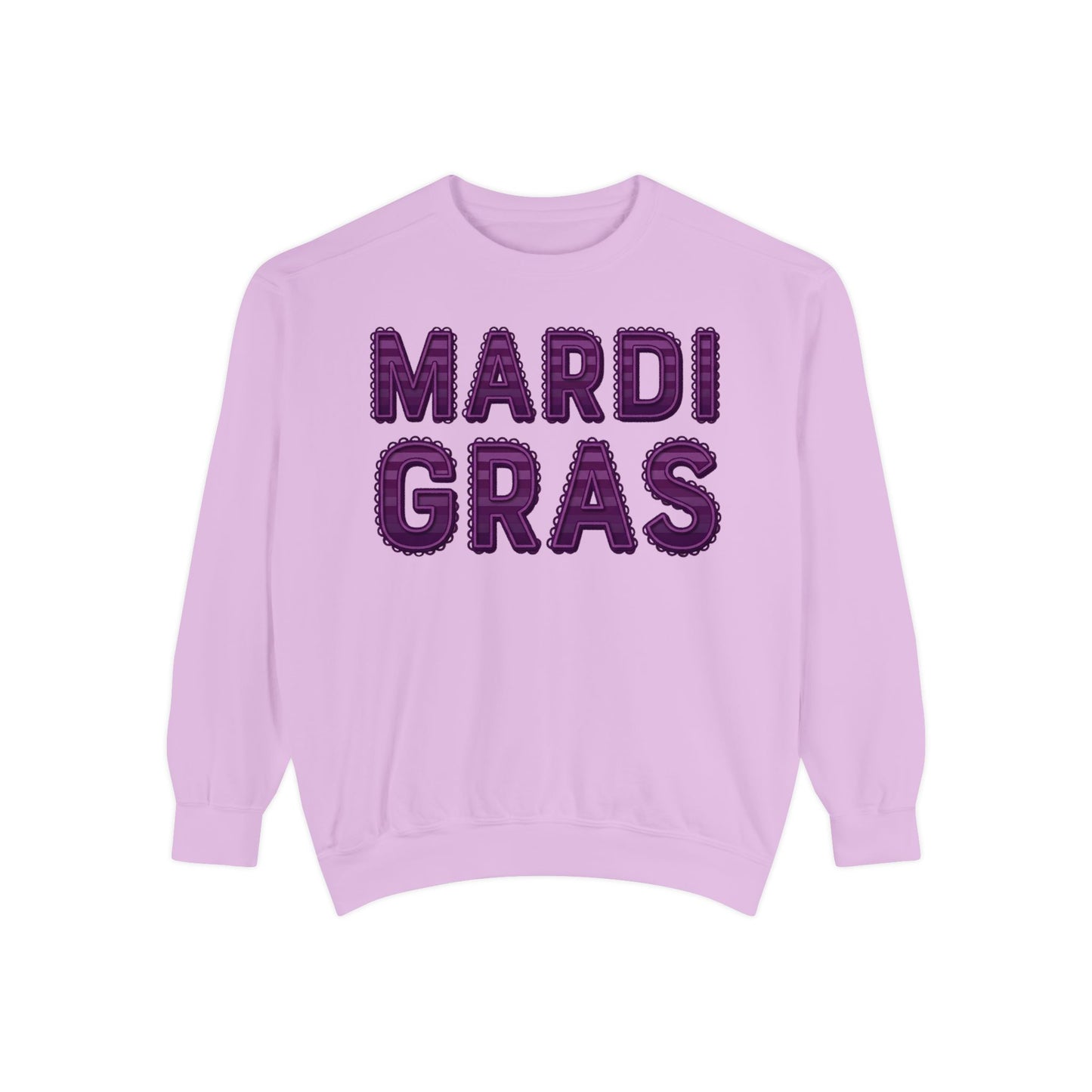 Mardi Gras Sweatshirt – Purple Tinsel Lettering Festival Crewneck