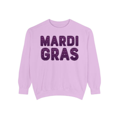 Mardi Gras Sweatshirt – Purple Tinsel Lettering Festival Crewneck