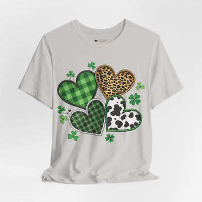 St. Patrick’s Heart Shamrock Tee – Green Plaid, Leopard & Cow Print Hearts