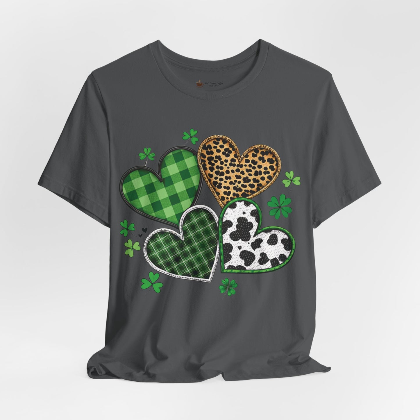 St. Patrick’s Heart Shamrock Tee – Green Plaid, Leopard & Cow Print Hearts