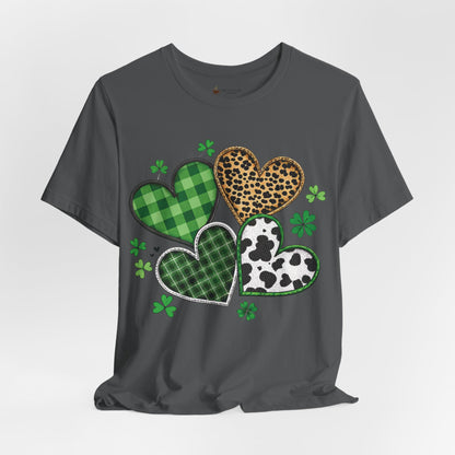 St. Patrick’s Heart Shamrock Tee – Green Plaid, Leopard & Cow Print Hearts