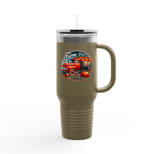 Rustic Farm-Themed Insulated Travel Mug, Fall Coffee Mug, Pumpkin Spice Lover Gift, Road Trip Mug, Autumn Vibes Drinkware