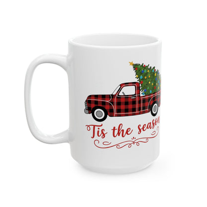 Tis the Season Truck Ceramic Mug, Holiday Coffee Cup, Festive Drinkware, Seasonal Gift, Cozy Mug for Winter Cheer
