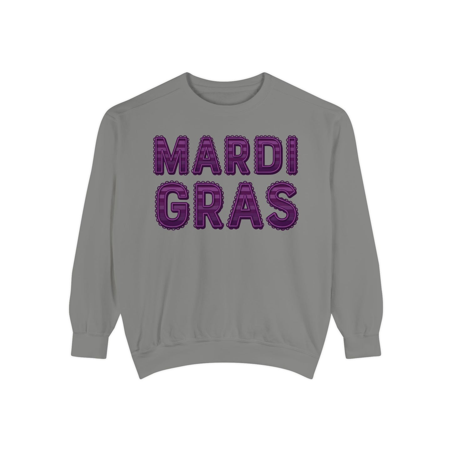 Mardi Gras Sweatshirt – Purple Tinsel Lettering Festival Crewneck