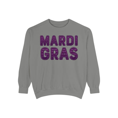 Mardi Gras Sweatshirt – Purple Tinsel Lettering Festival Crewneck