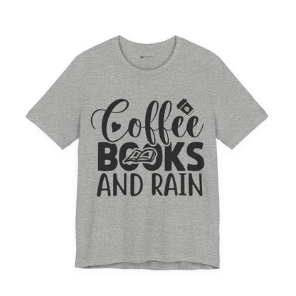 Coffee Books & Rain Tee, Unisex T-Shirt for Coffee Lovers, Perfect for Gifts, Daily Wear, Casual Style, Motivational Apparel