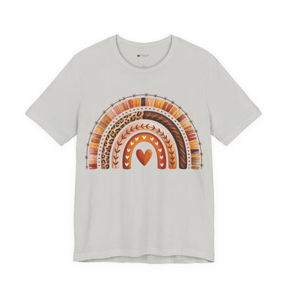 Rainbow Heart Unisex Tee, Casual Summer Shirt, Gift for Her, Cute Graphic Tee, Earthy Tones, Everyday Wear, Baby Shower Gift