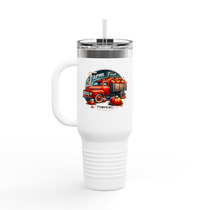 Rustic Farm-Themed Insulated Travel Mug, Fall Coffee Mug, Pumpkin Spice Lover Gift, Road Trip Mug, Autumn Vibes Drinkware