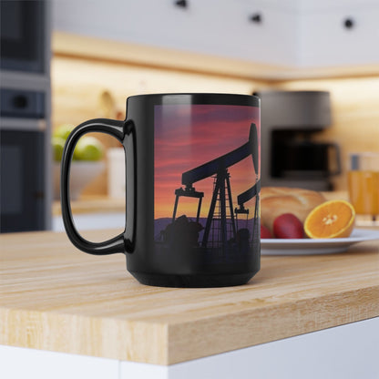 Oil Pump Sunset Mug - Unique Black Coffee Cup for Oilfield Workers, Gift for Him, Coffee Lovers, Home Decor, 11oz, 15oz