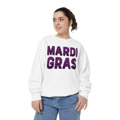 Mardi Gras Sweatshirt – Purple Tinsel Lettering Festival Crewneck