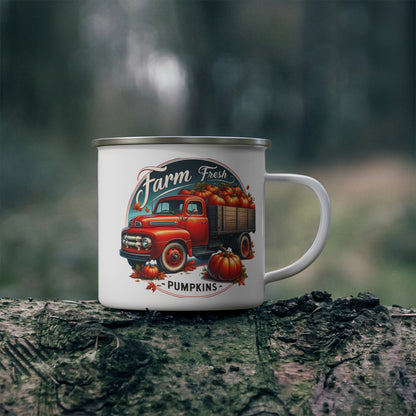 Farm Fresh Pumpkins Enamel Camping Mug - Perfect for Coffee Lovers, Outdoor Adventures, Gift for Campers, Hiking, Travel Mug, Unique Coffee Cup