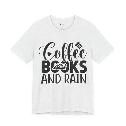 Coffee Books & Rain Tee, Unisex T-Shirt for Coffee Lovers, Perfect for Gifts, Daily Wear, Casual Style, Motivational Apparel