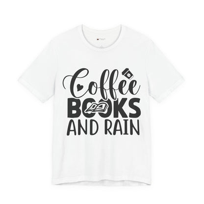 Coffee Books & Rain Tee, Unisex T-Shirt for Coffee Lovers, Perfect for Gifts, Daily Wear, Casual Style, Motivational Apparel