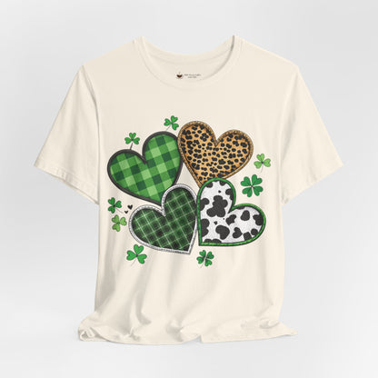 St. Patrick’s Heart Shamrock Tee – Green Plaid, Leopard & Cow Print Hearts