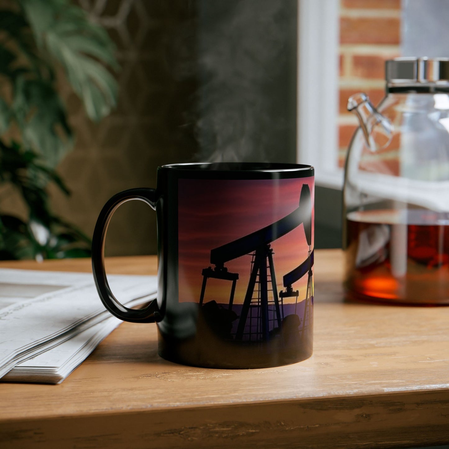 Oil Pump Sunset Mug - Unique Black Coffee Cup for Oilfield Workers, Gift for Him, Coffee Lovers, Home Decor, 11oz, 15oz