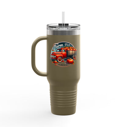 Rustic Farm-Themed Insulated Travel Mug, Fall Coffee Mug, Pumpkin Spice Lover Gift, Road Trip Mug, Autumn Vibes Drinkware
