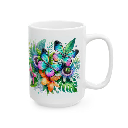 Tropical Floral Ceramic Mug - Vibrant Butterfly Design for Coffee Lovers, Gift for Her, Home Décor, Greenery Lover, Tropical Vibe
