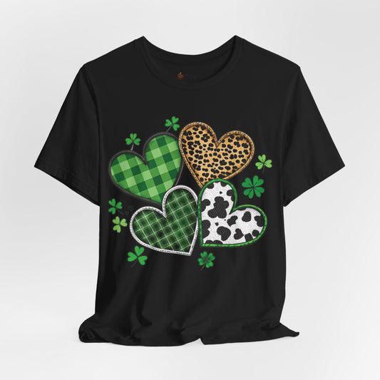 St. Patrick’s Heart Shamrock Tee – Green Plaid, Leopard & Cow Print Hearts