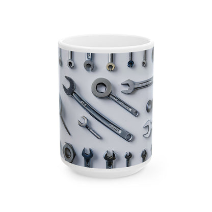 Handy Tools Ceramic Mug for Mechanics, Gifts for Dad, Unique Coffee Cup, Tool Lover's Mug, Automotive Theme Mug