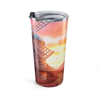 Sunset Windmill Tumbler, 20oz Travel Mug for Coffee Lovers, Outdoor Adventure Insulated Cup, Gift for Nature Enthusiasts